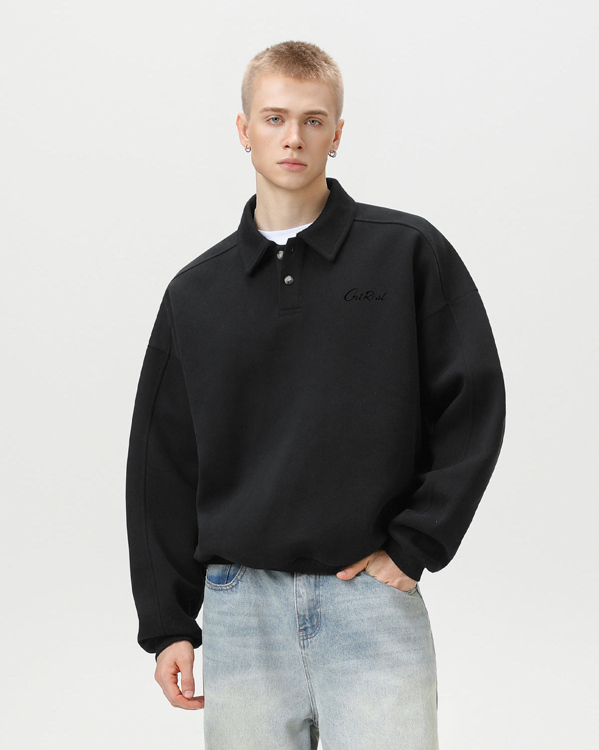 "Get Real" Oversized Embroidered Polo Sweatshirt