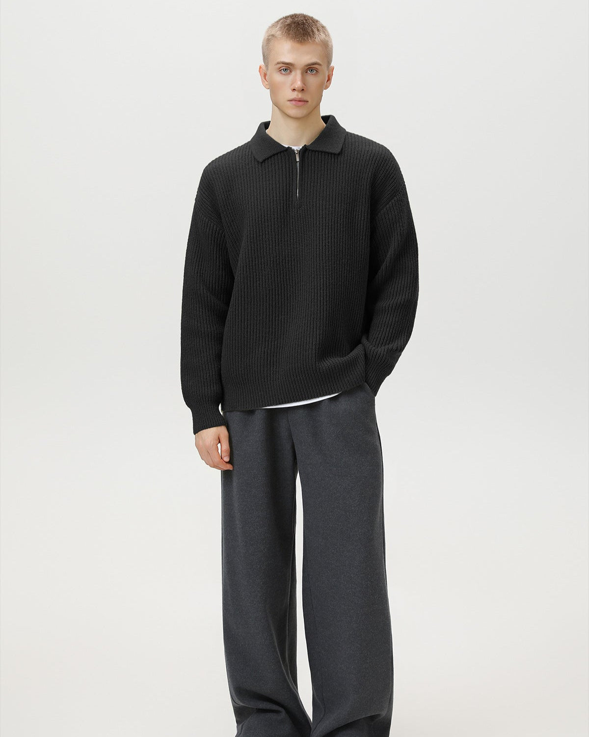 Ribbed Half-Zip Knit Polo Sweater