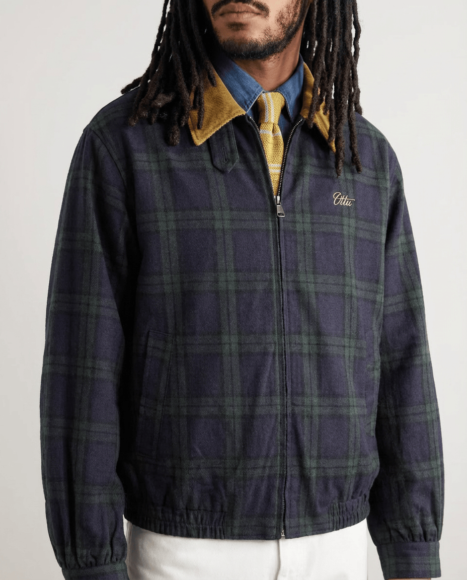 Plaid Zip-Up Jacket with Corduroy Collar