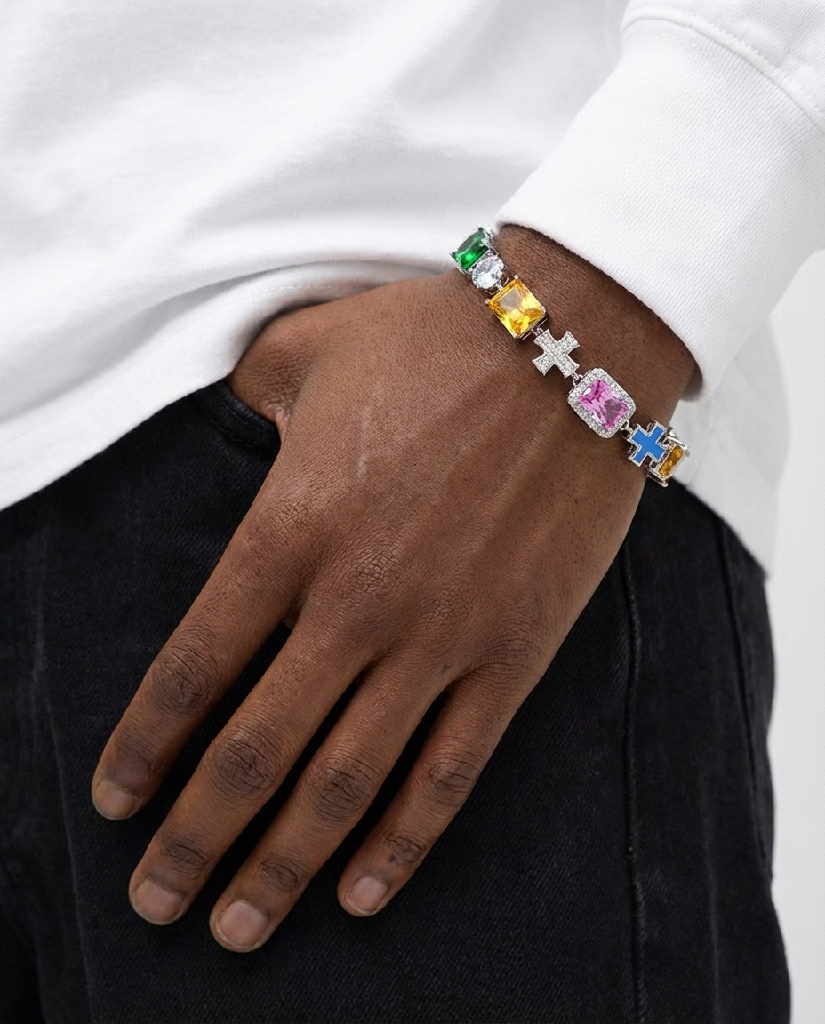 Rainbow Gem Cross Bracelet