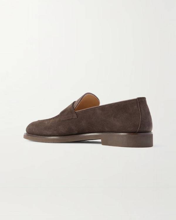 Leather-Trimmed Suede Penny Loafers - brown