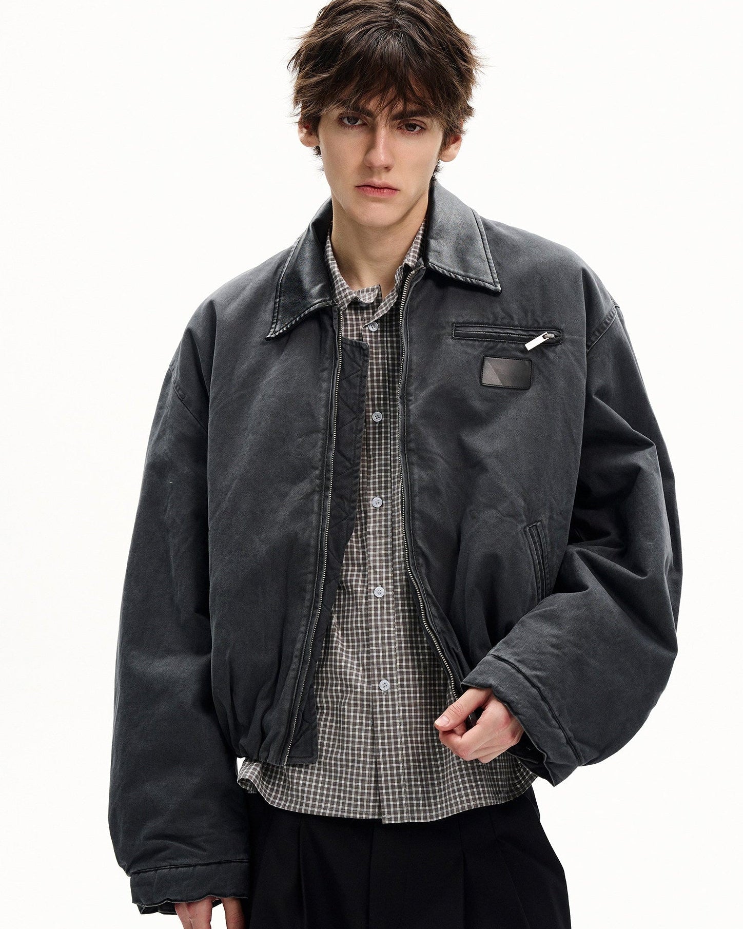 Cotton Canvas Leather Collar Jacket