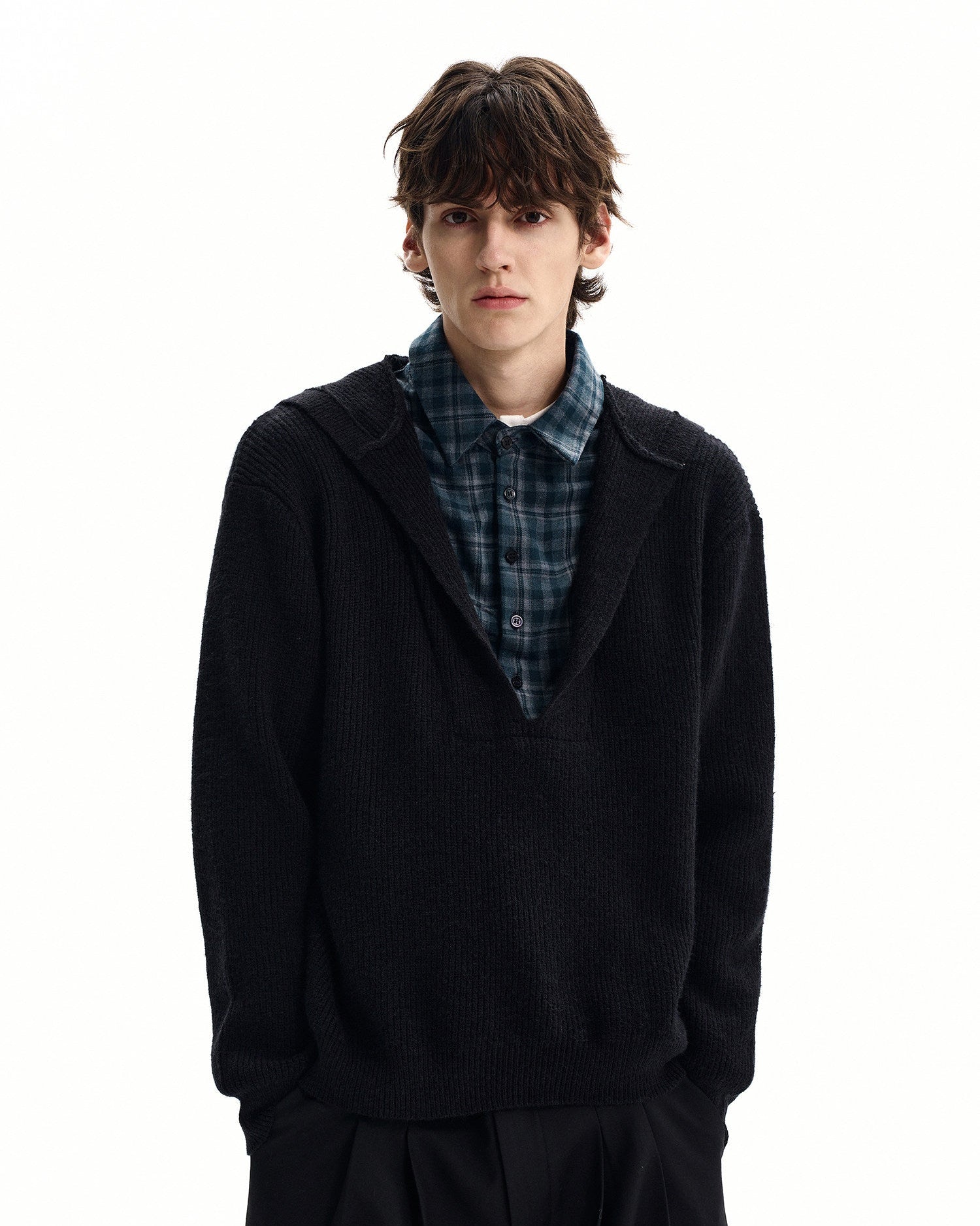 Plaid Insert Hooded Knit Sweater