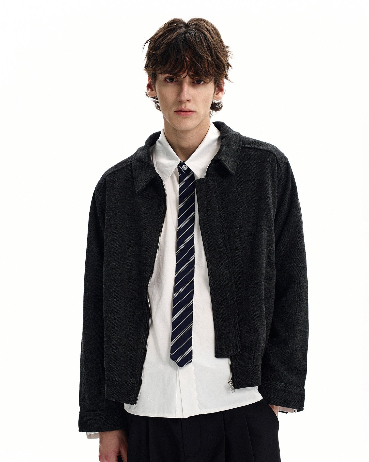 Collared Textured Cotton Zip Jacket
