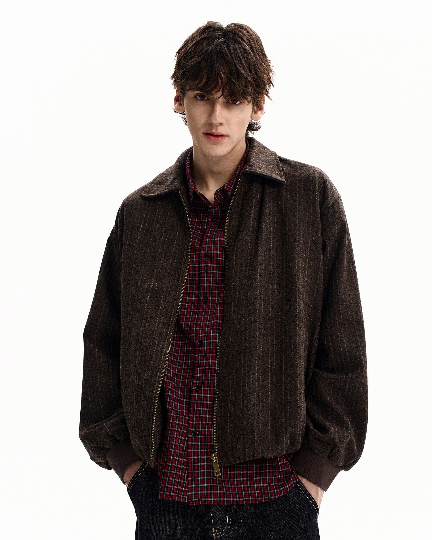 Wool Blend Pinstripe Zip Jacket