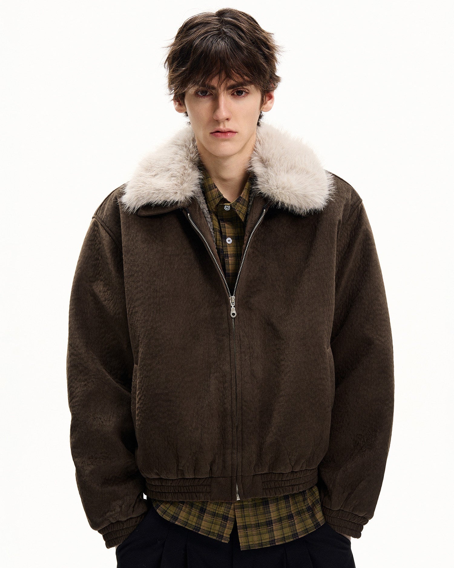 Textured Nylon Faux Fur Collar Jacket