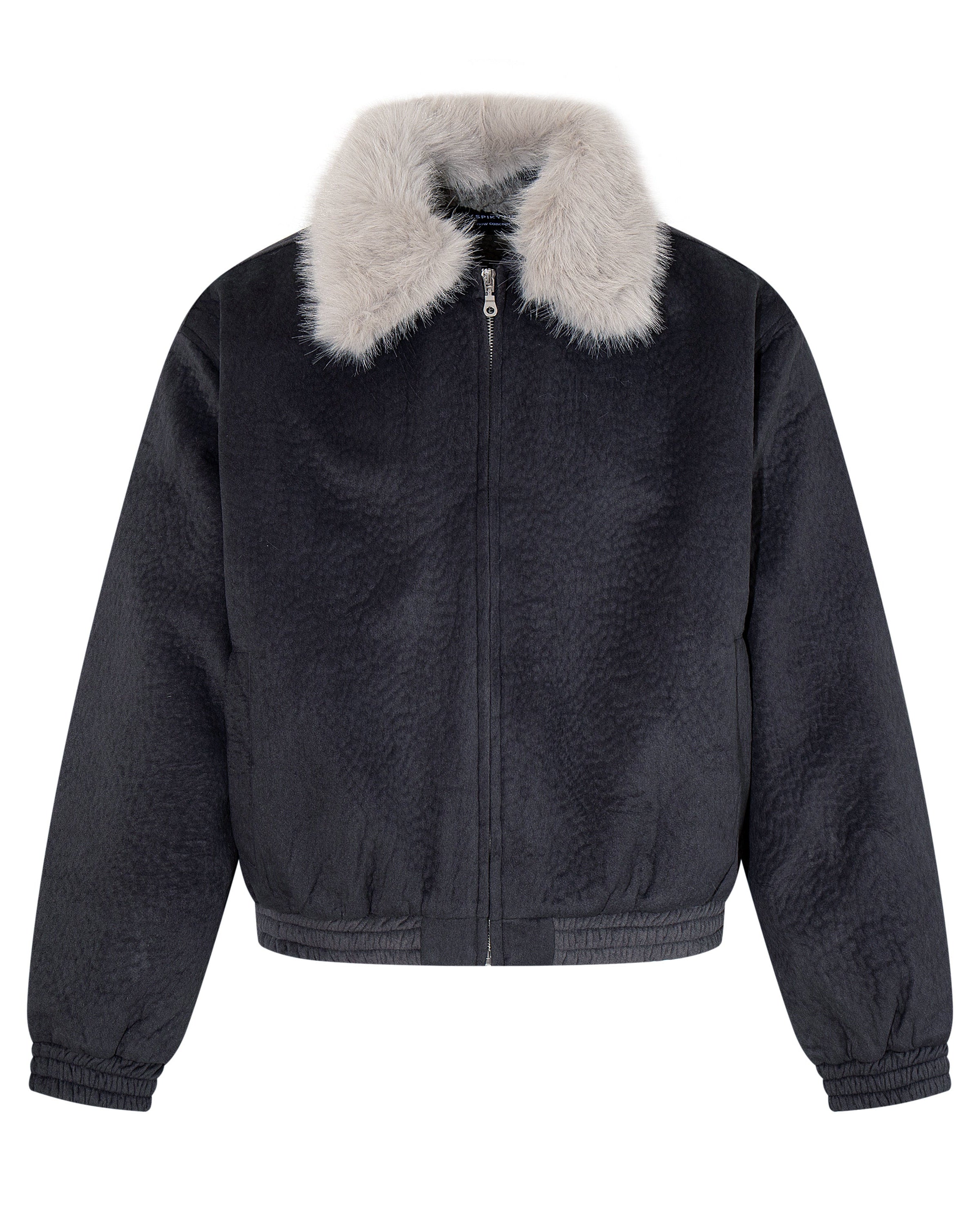 Textured Nylon Faux Fur Collar Jacket