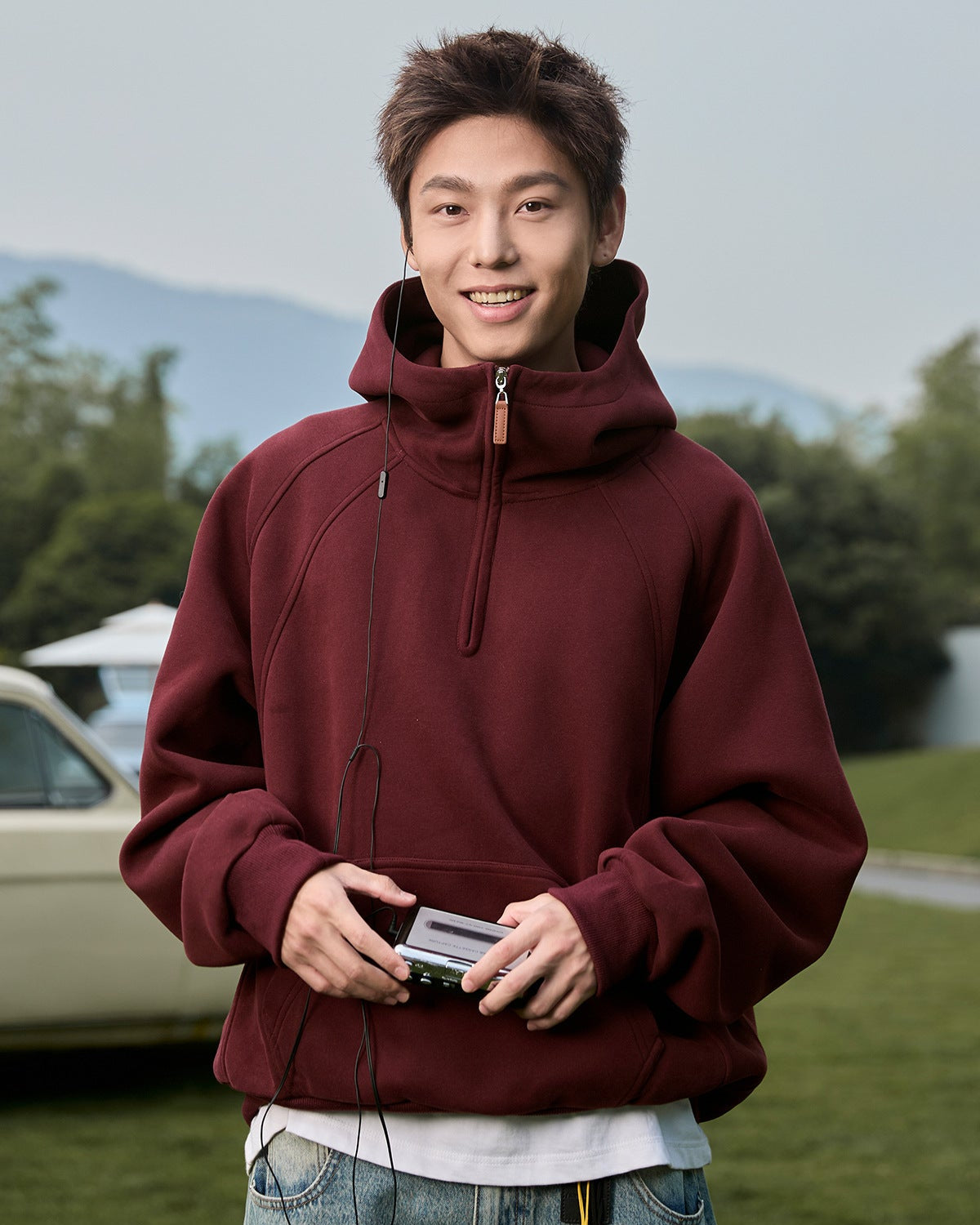 3D Split-Structure Heavy Half-Zip Hooded Sweatshirt