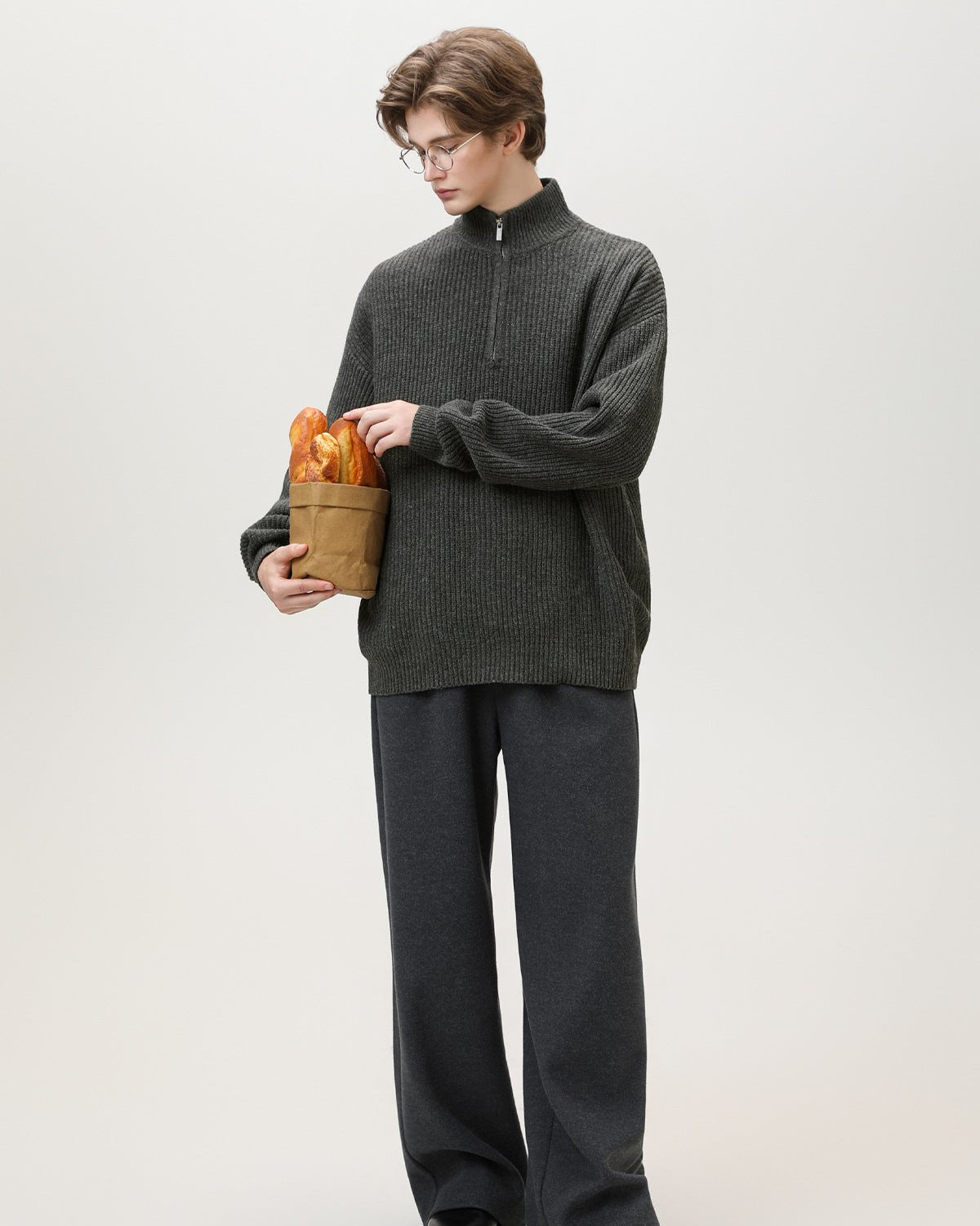 Half-Zip Collar Ribbed Knit Sweater