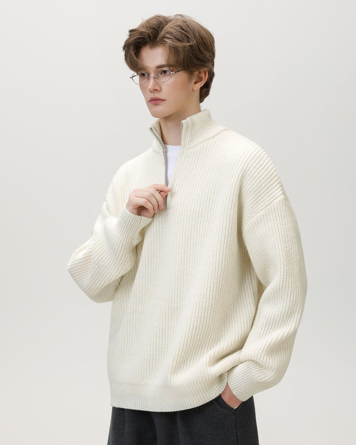 Half-Zip Collar Ribbed Knit Sweater