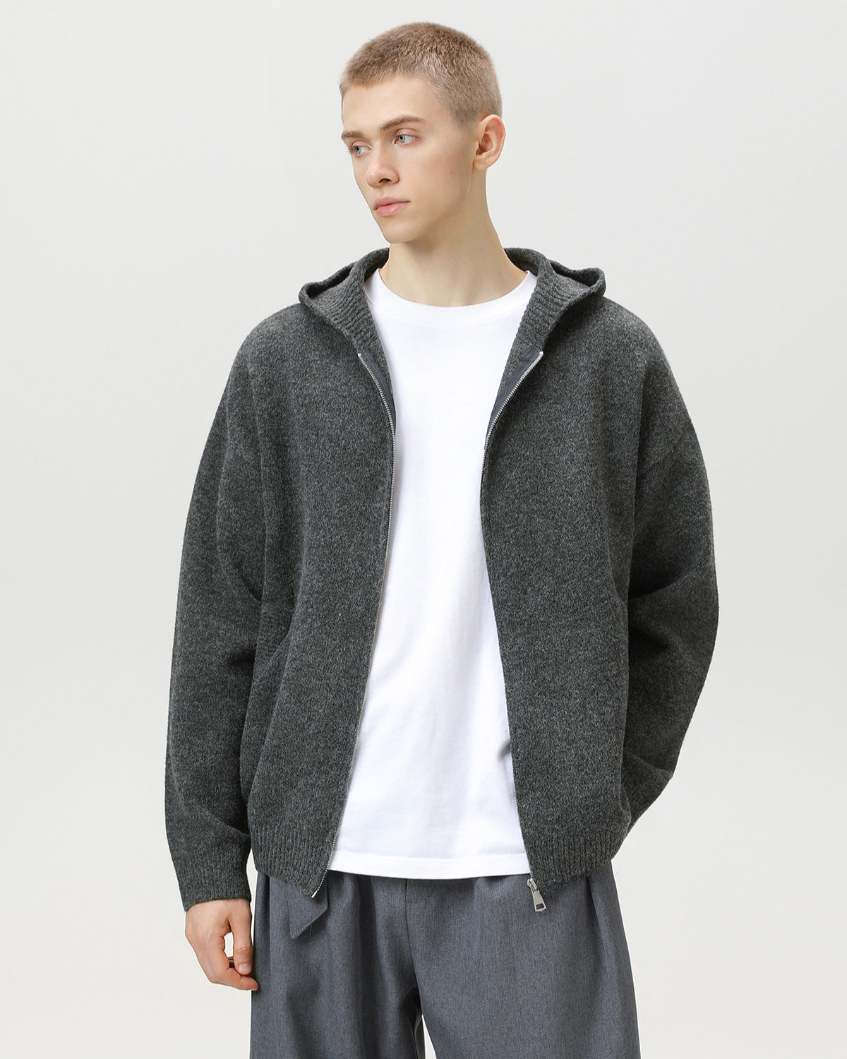 Minimalist Zip-Up Wool Blend Hoodie Cardigan