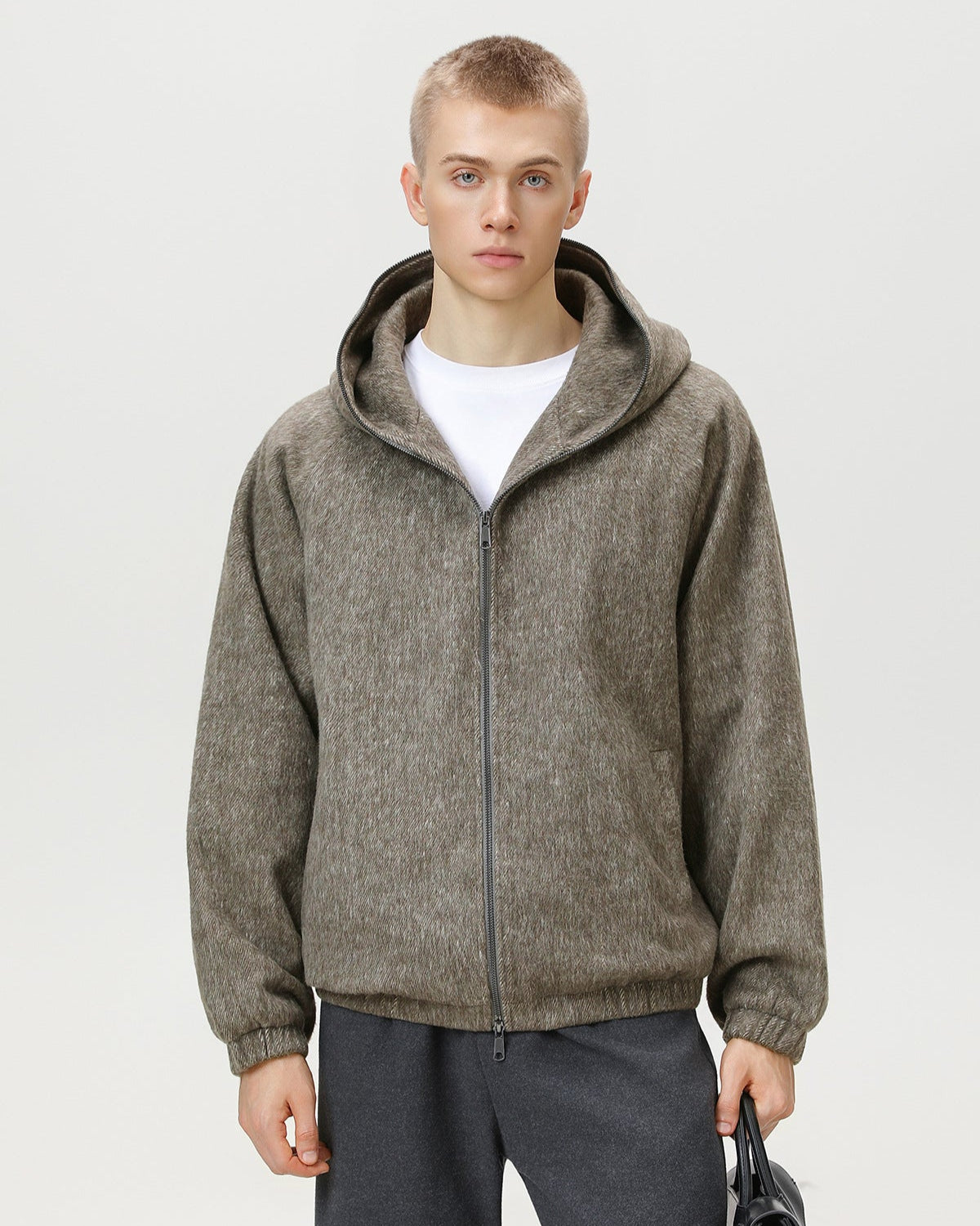 Wool Blend Hooded Zip Jacket