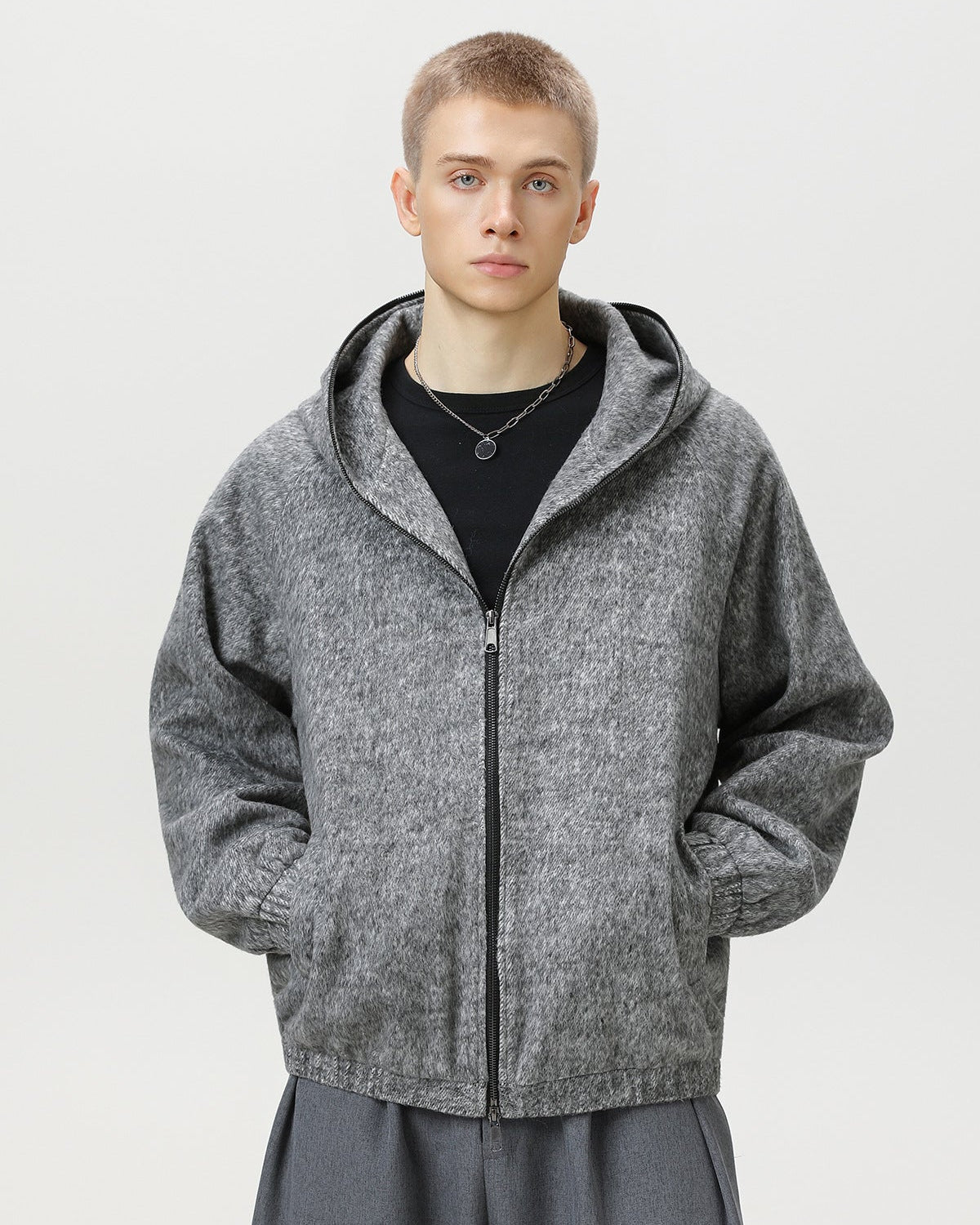 Wool Blend Hooded Zip Jacket
