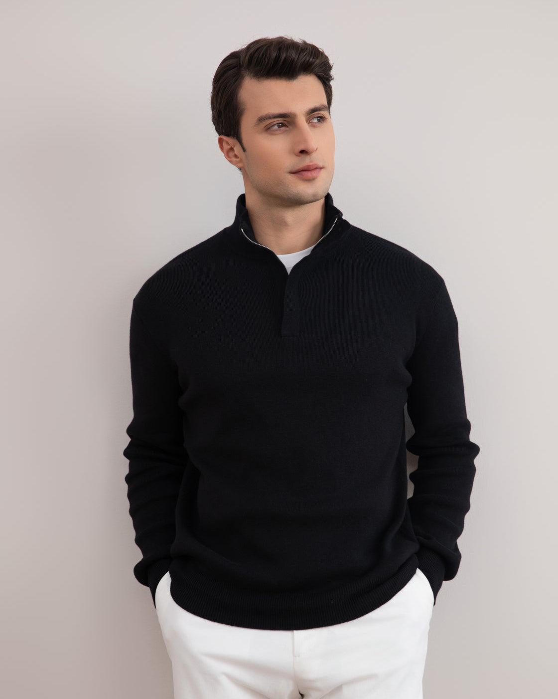 Schwarzer Pullover Half-Zip Rollkragen Half-Zip