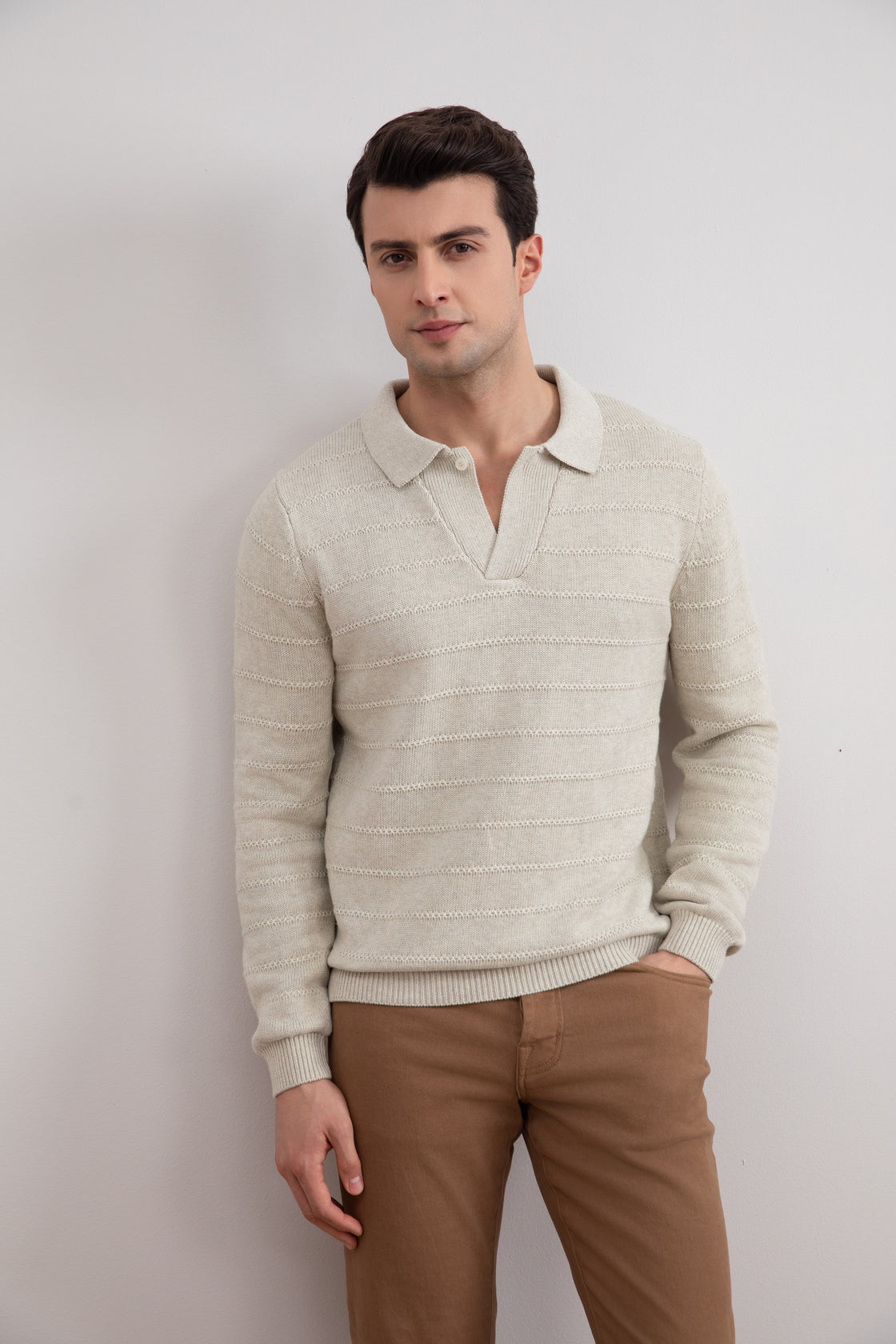 Jersey Polo Abierto Beige Mélange Textura Punto