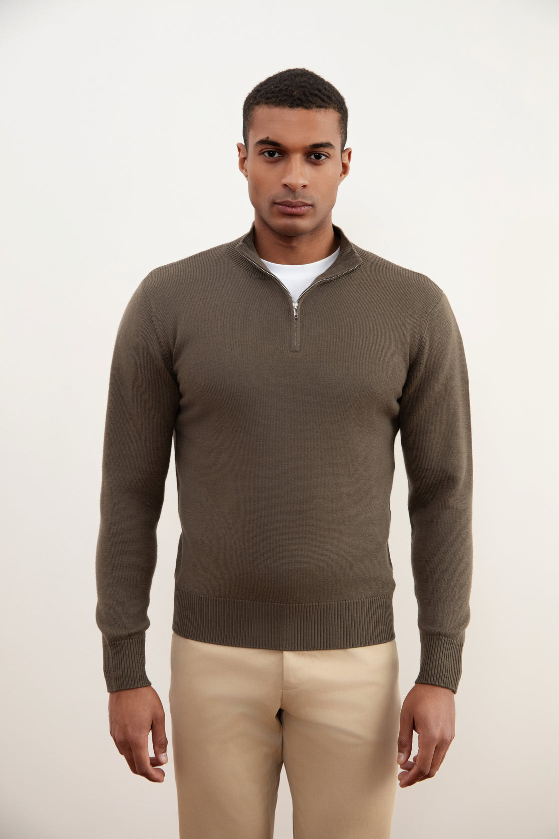 Jersey Half-Zip de lana merina color topo