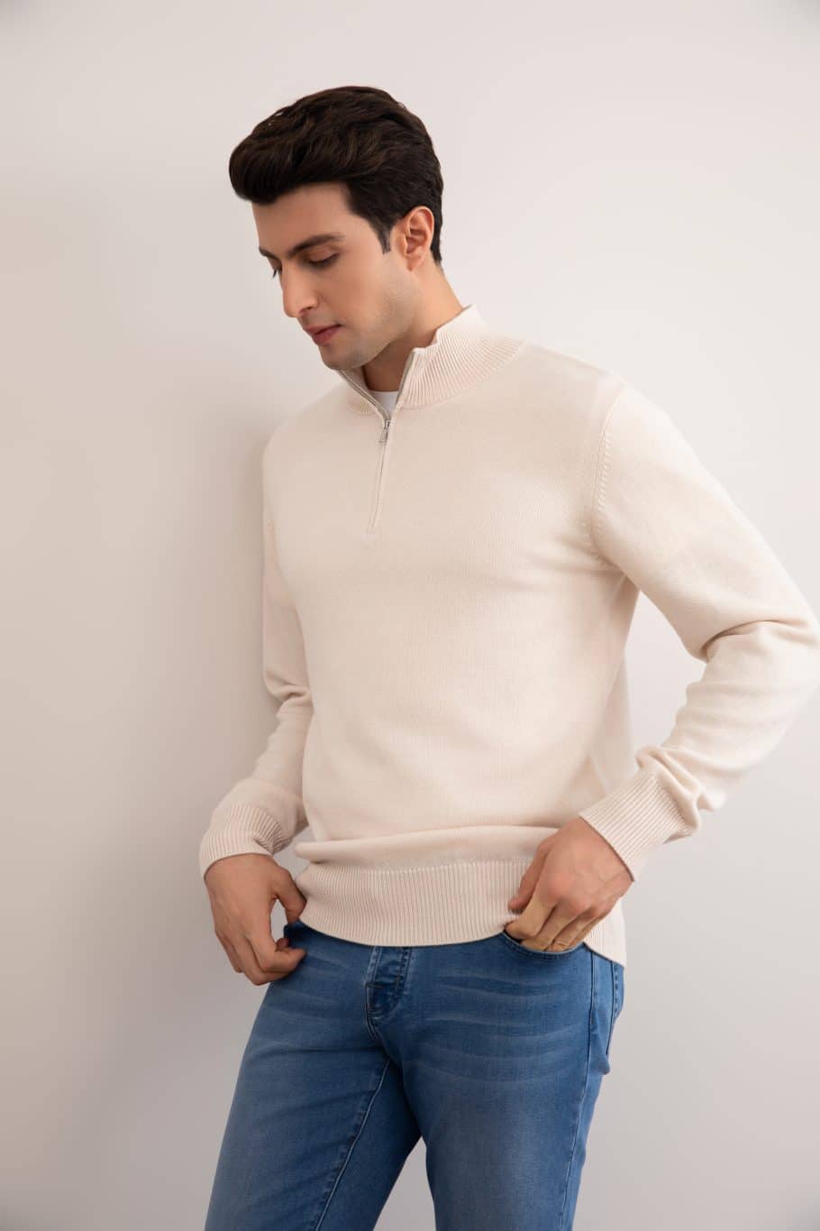 Jersey Half-Zip de lana merina beige