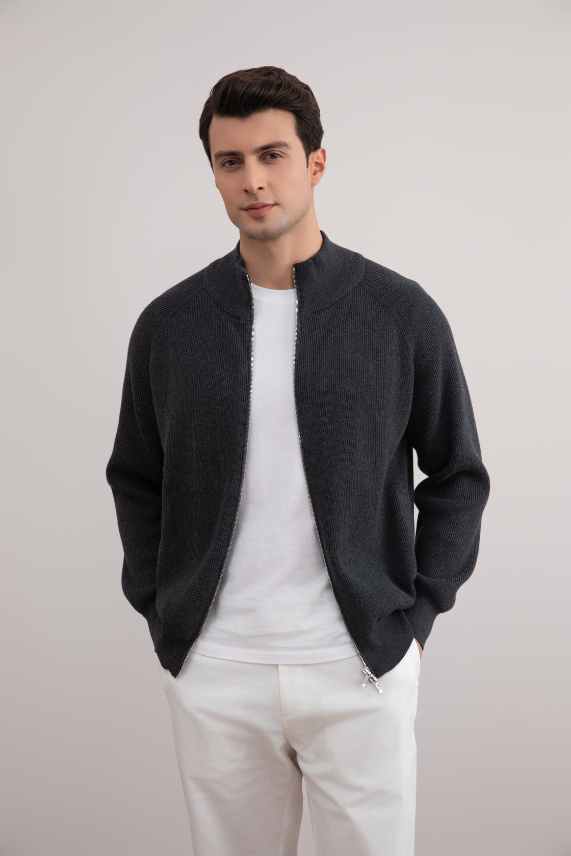 Gris oscuro Mélange English Rib Full Zip Cardigan