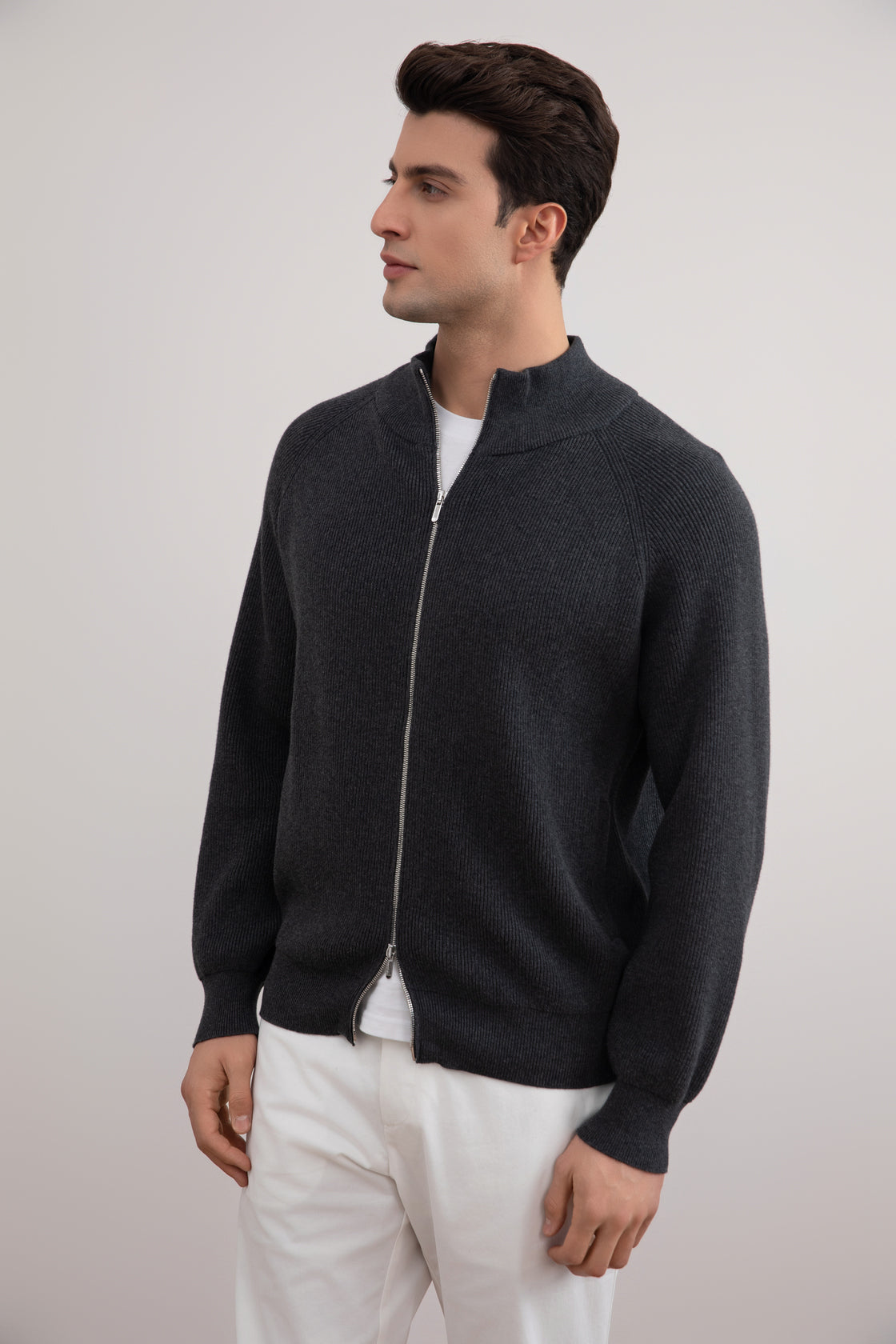 Gris oscuro Mélange English Rib Full Zip Cardigan