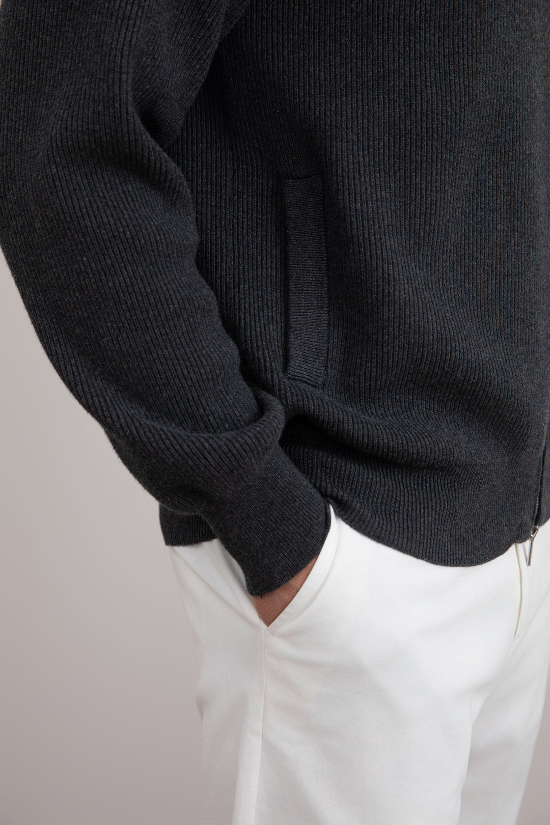 Gris oscuro Mélange English Rib Full Zip Cardigan