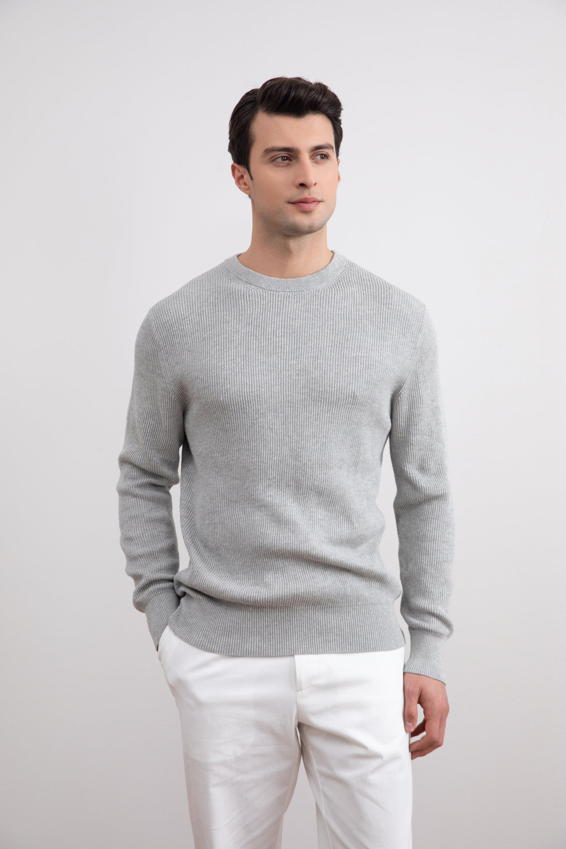 Gris Mélange Crewneck Malfilé English Rib Sweater