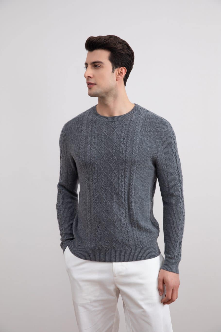 Gris oscuro Mélange Cashmere Cable Knit Crewneck