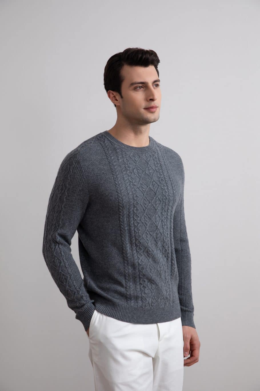 Gris oscuro Mélange Cashmere Cable Knit Crewneck