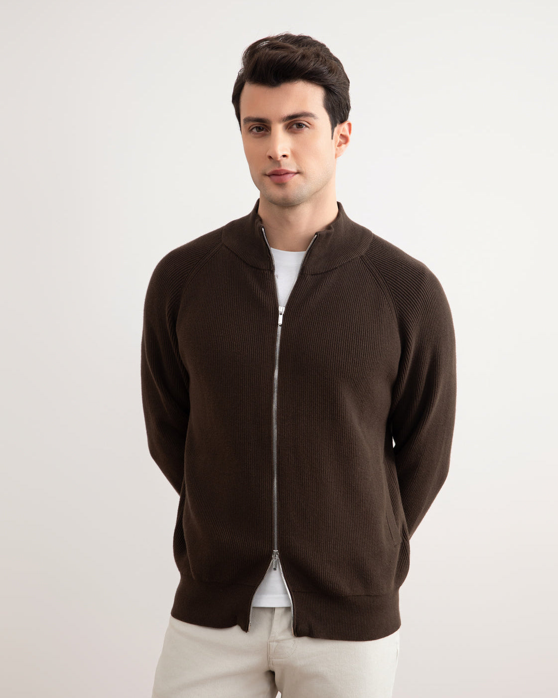 Ruskea englantilainen Rib Full Zip Cardigan