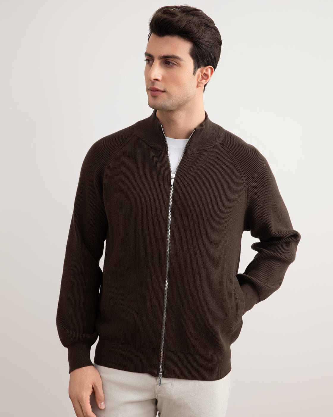 Ruskea englantilainen Rib Full Zip Cardigan