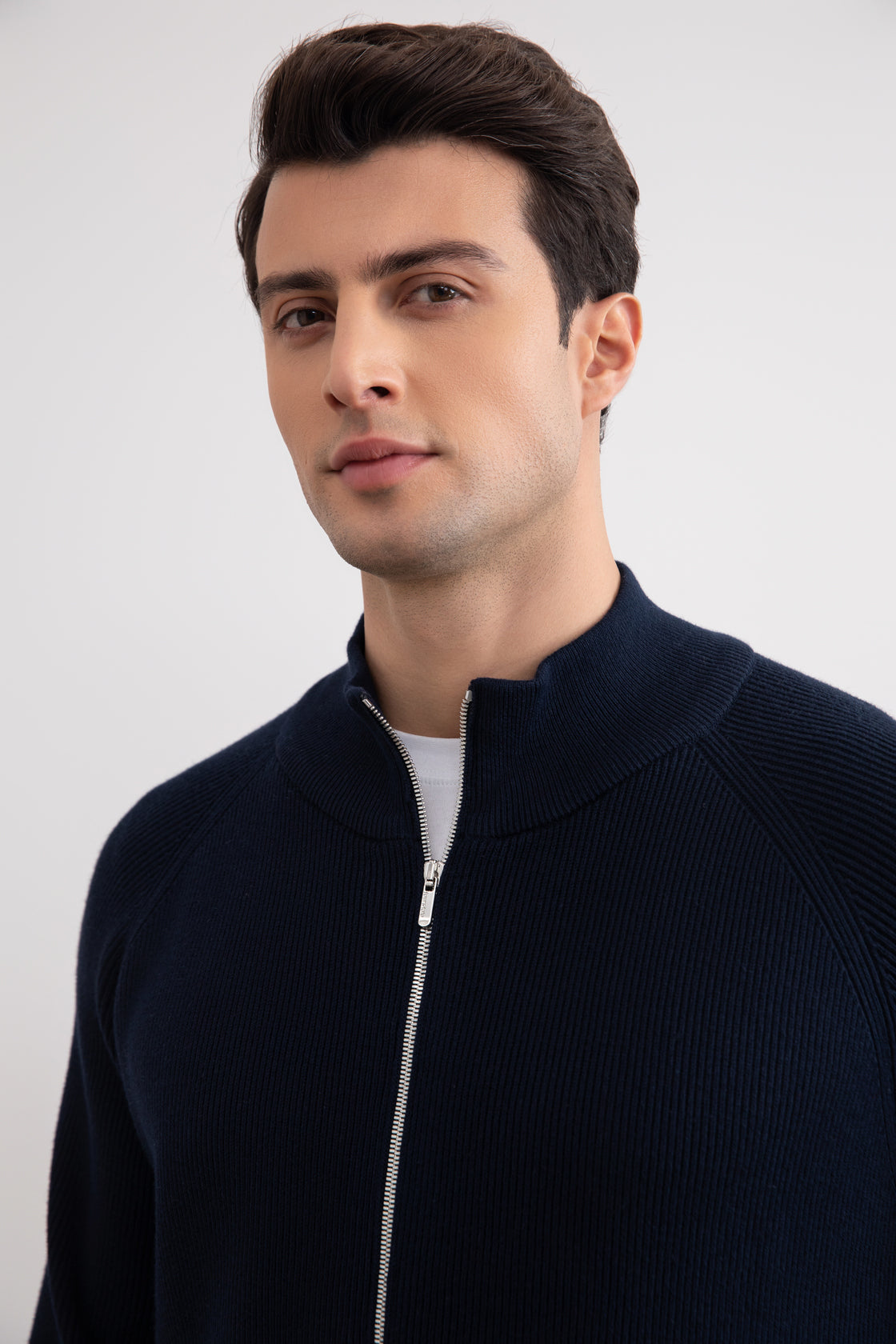 Navy English Rib Full Zip Cardigan