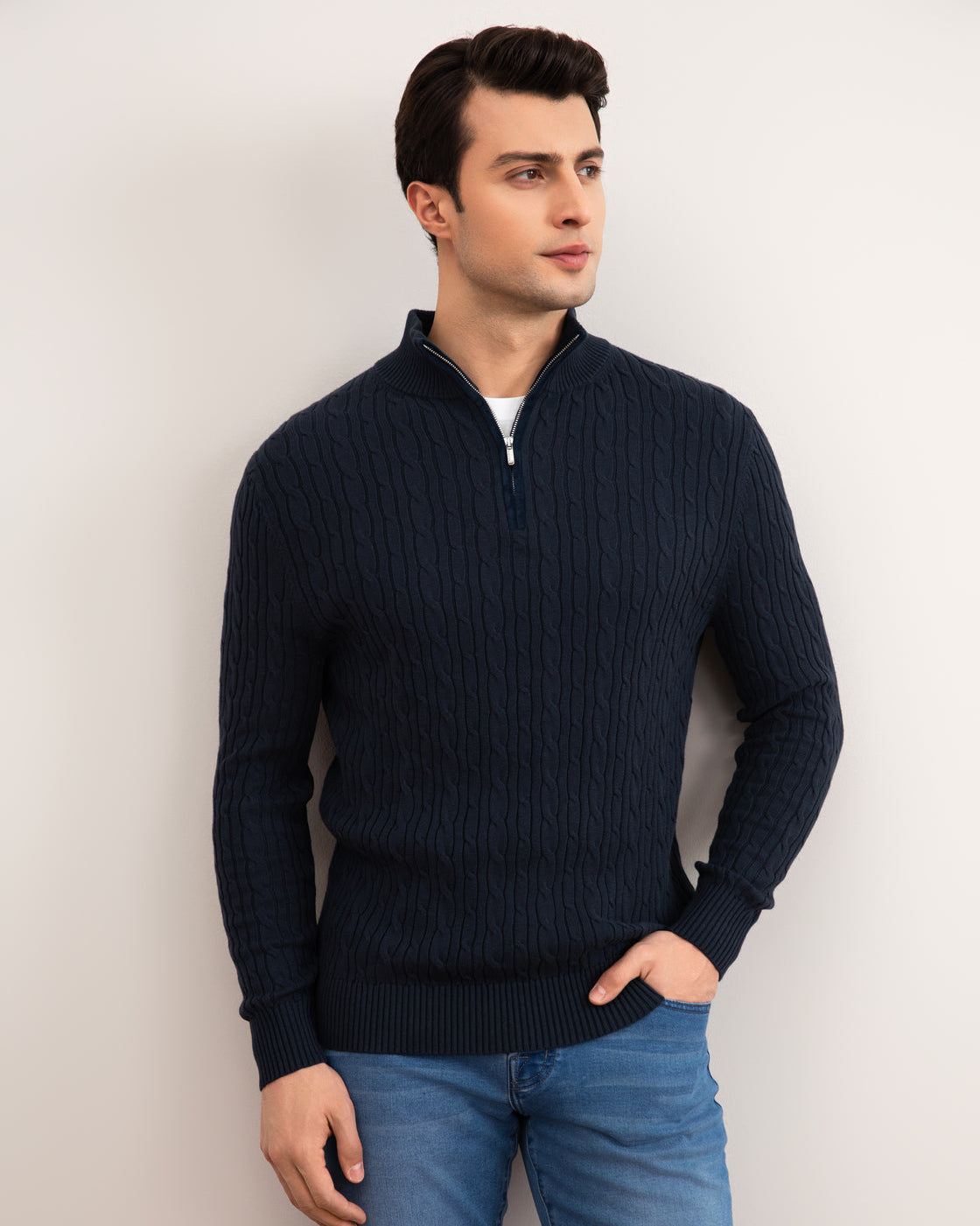 Blue Cable Knit half-zip Sweater