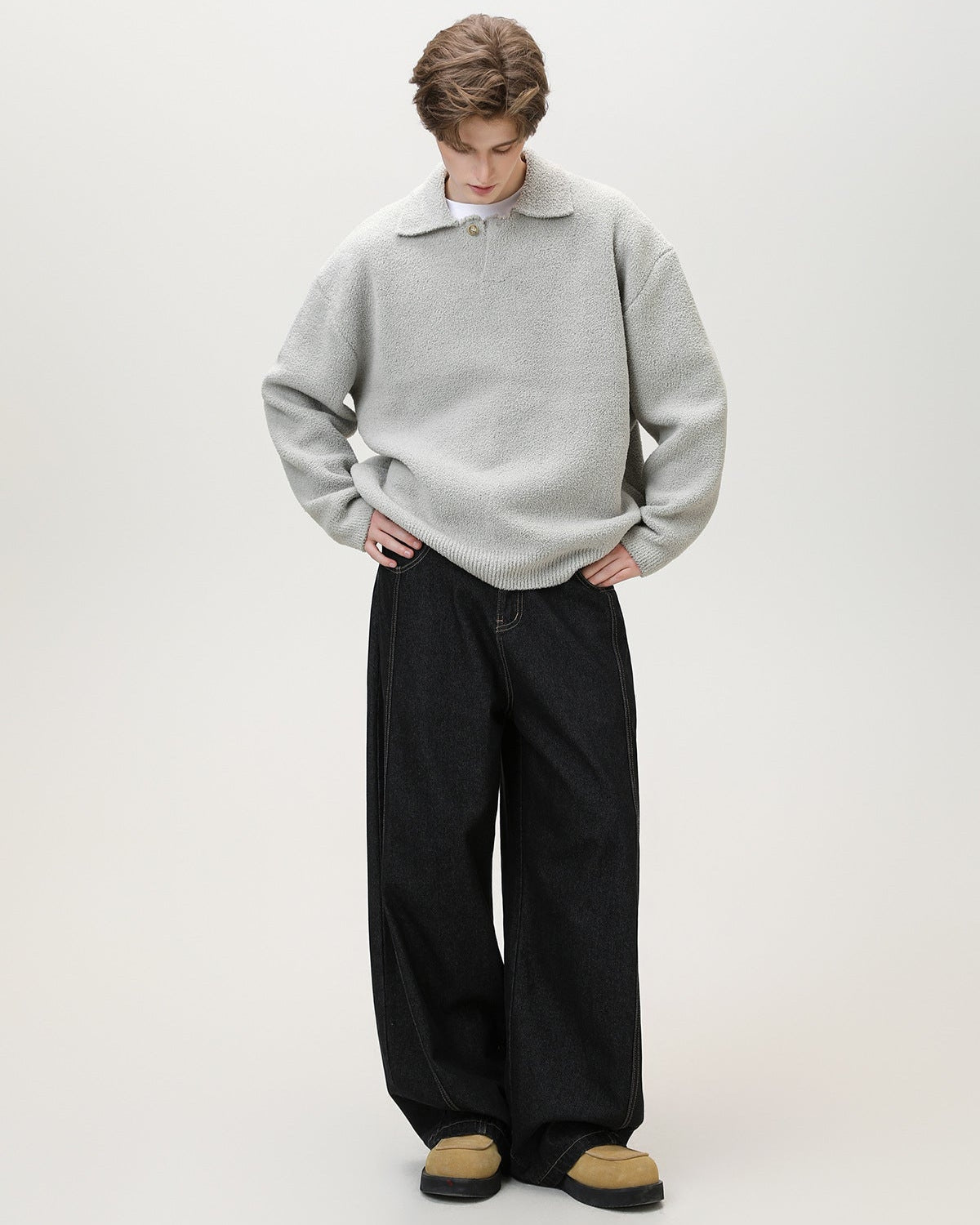 Pull Henley surdimensionné à un bouton en maille de laine