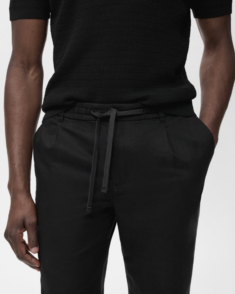 Pantaloni in cotone e lino con coulisse - nero