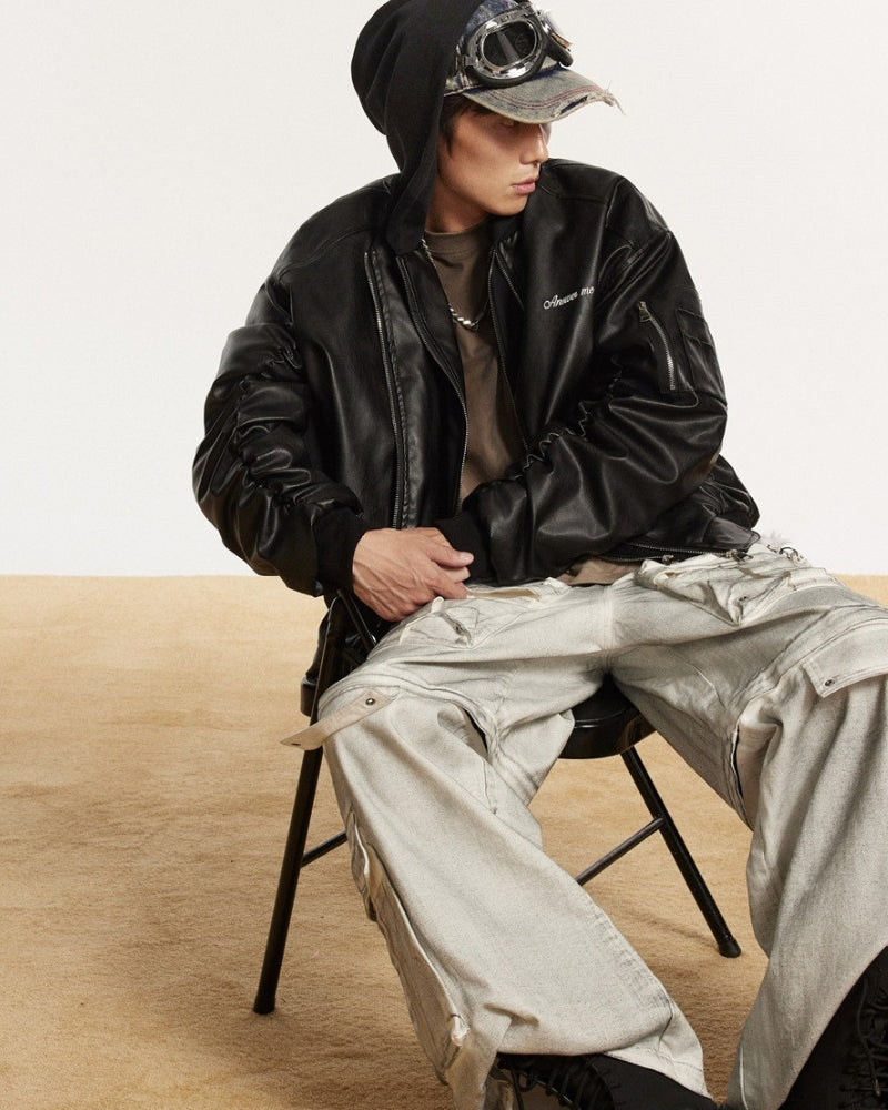 Bomber rilassato in pelle con ricami ANSWER ME