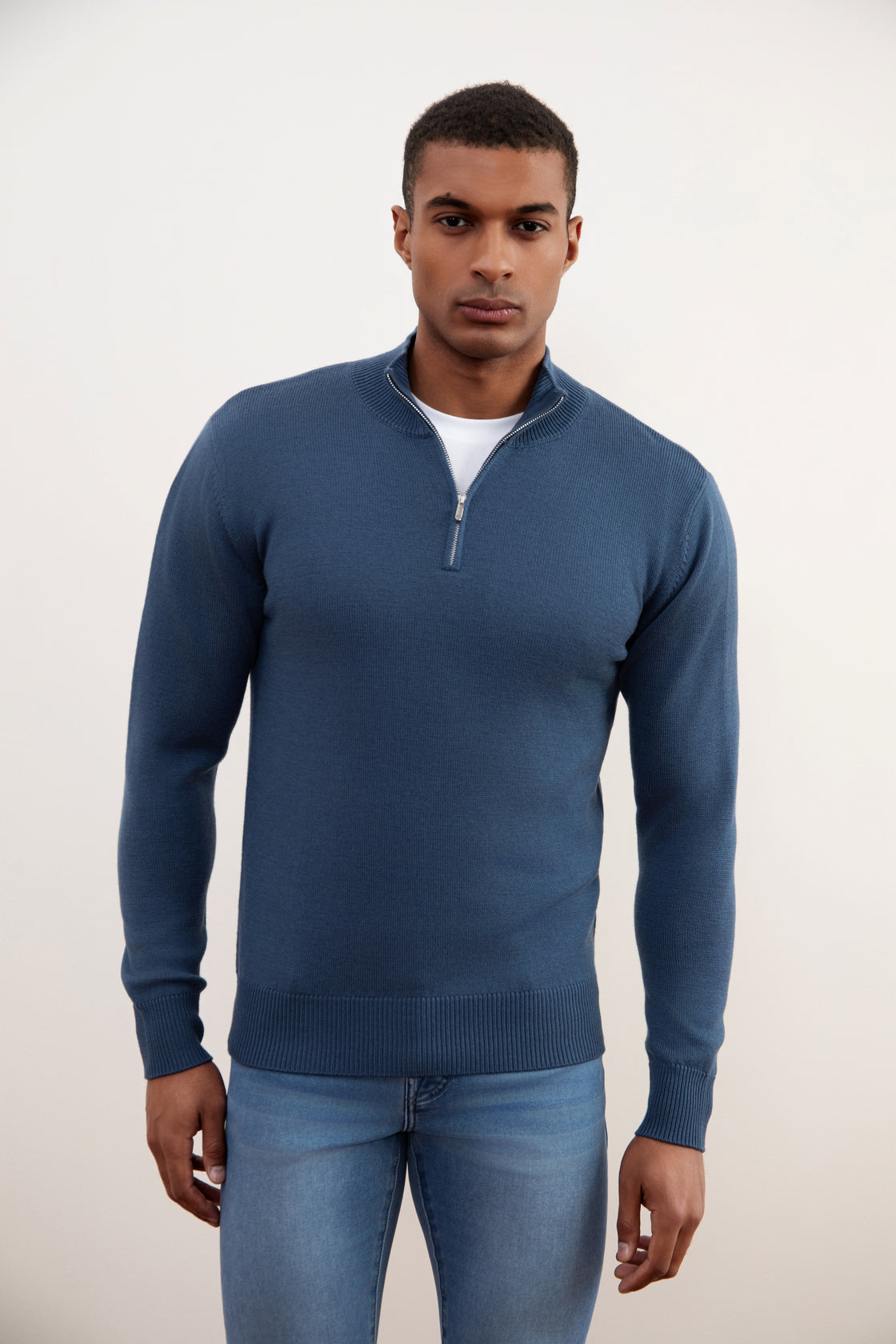 Maglione a mezza zip in lana merino blu