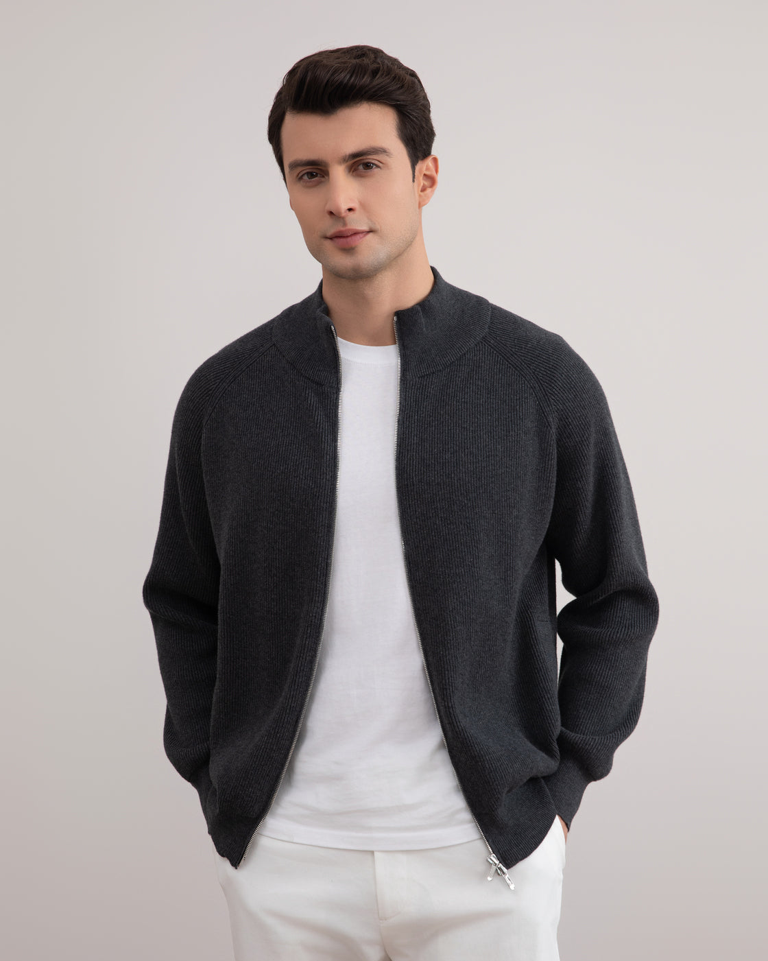 Cardigan con zip integrale a coste inglesi grigio scuro mélange