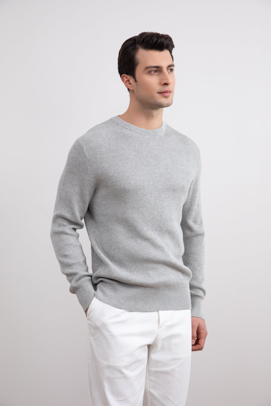 Maglione a coste inglesi grigio mélange con girocollo Malfilé