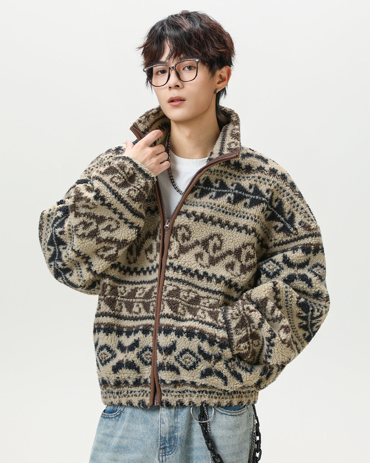 Giacca in pile polare pesante con jacquard etnico