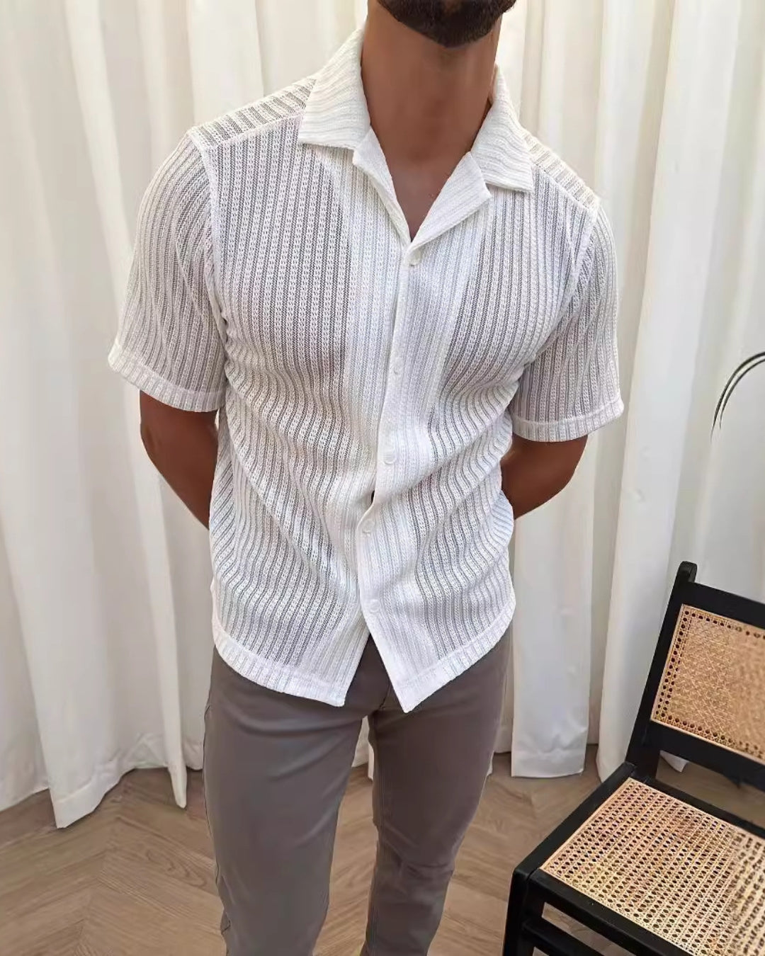 Ivoor gestructureerd gebreid poloshirt