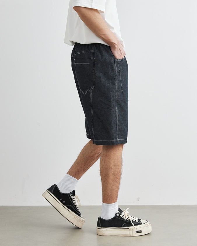 Wijde Denim Look Korte Broek met Trekkoorden