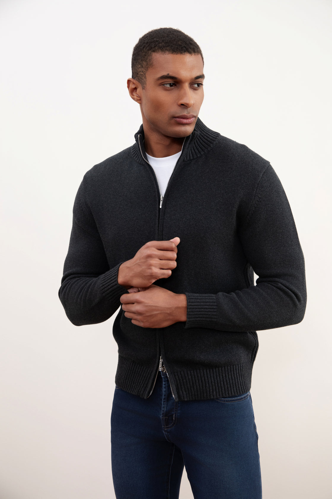 Geribde Zip-Up Sweater Charchoal