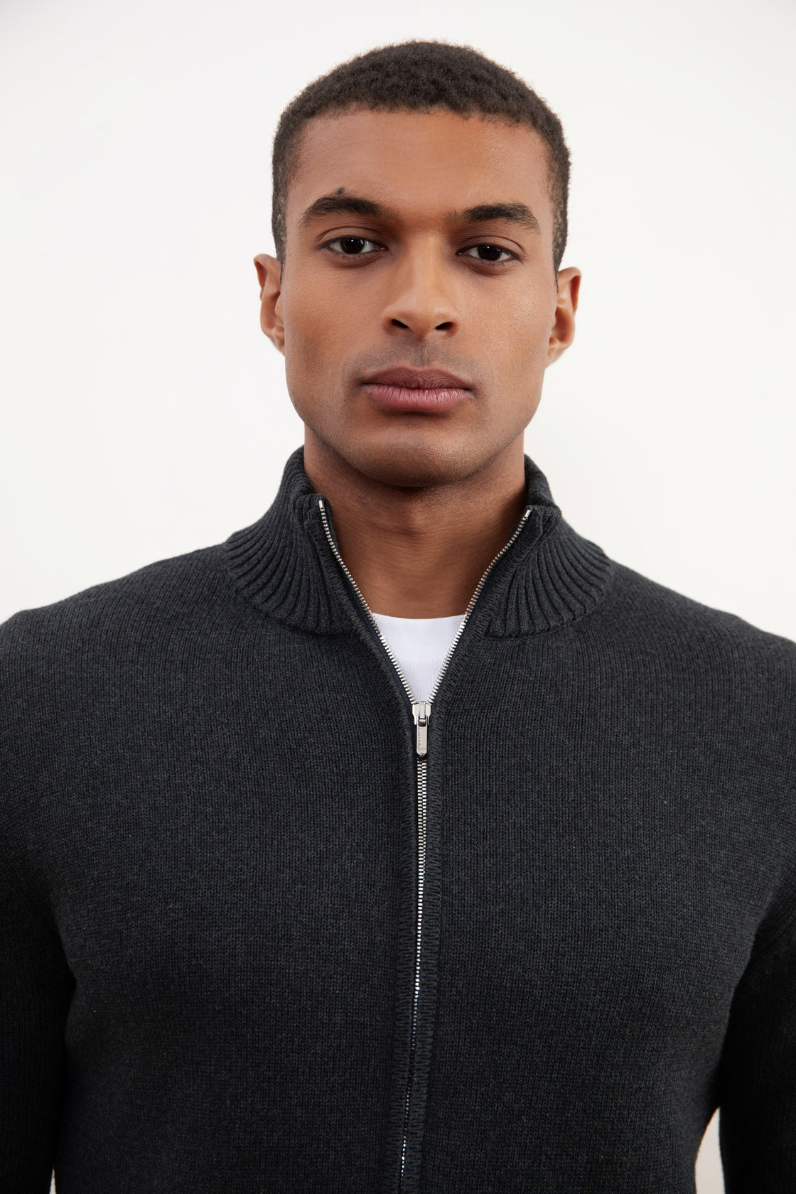 Geribde Zip-Up Sweater Charchoal