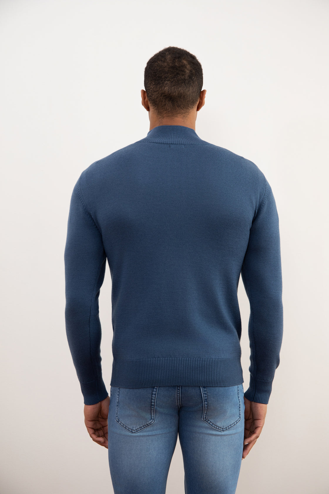Blauwe Merino Wol Trui met Half Rits