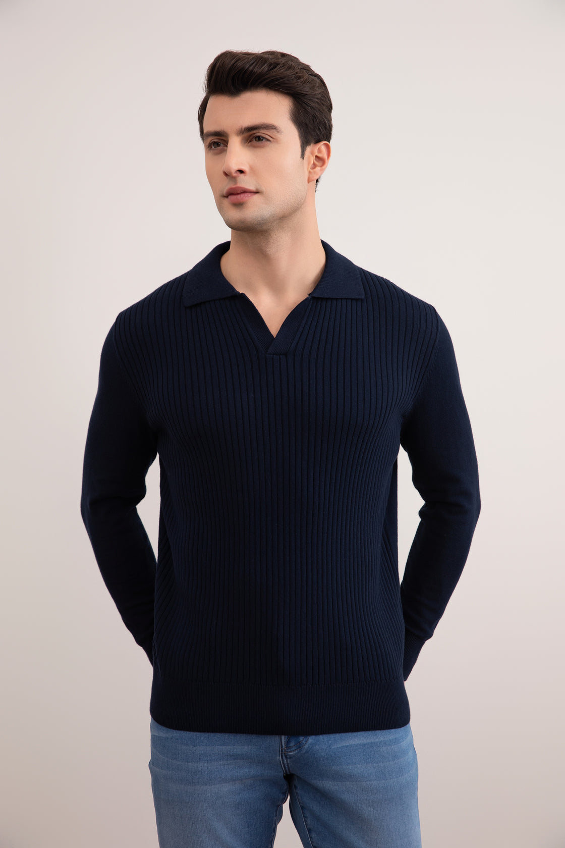 Navy Gestreept Open Poloshirt