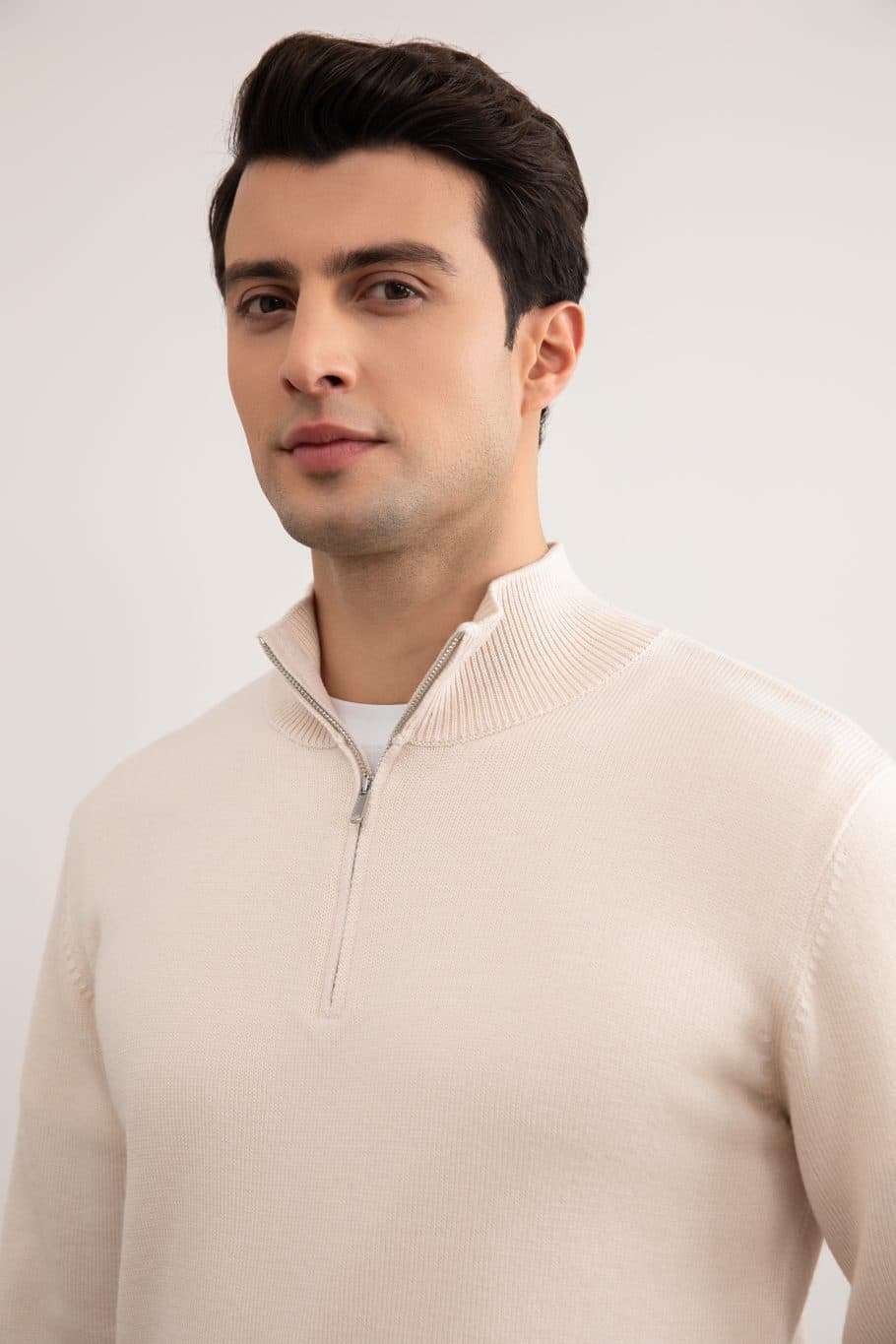 Beige Merino Wol Trui met Half Rits