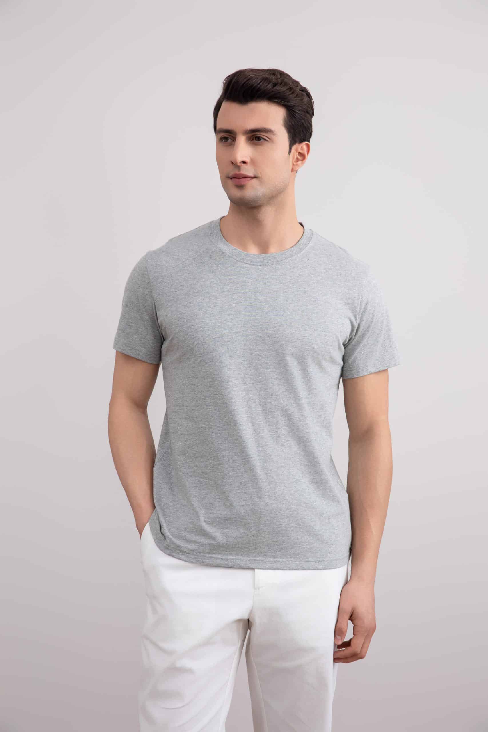 Grijs gemêleerd Slim fit T-shirt met ronde hals