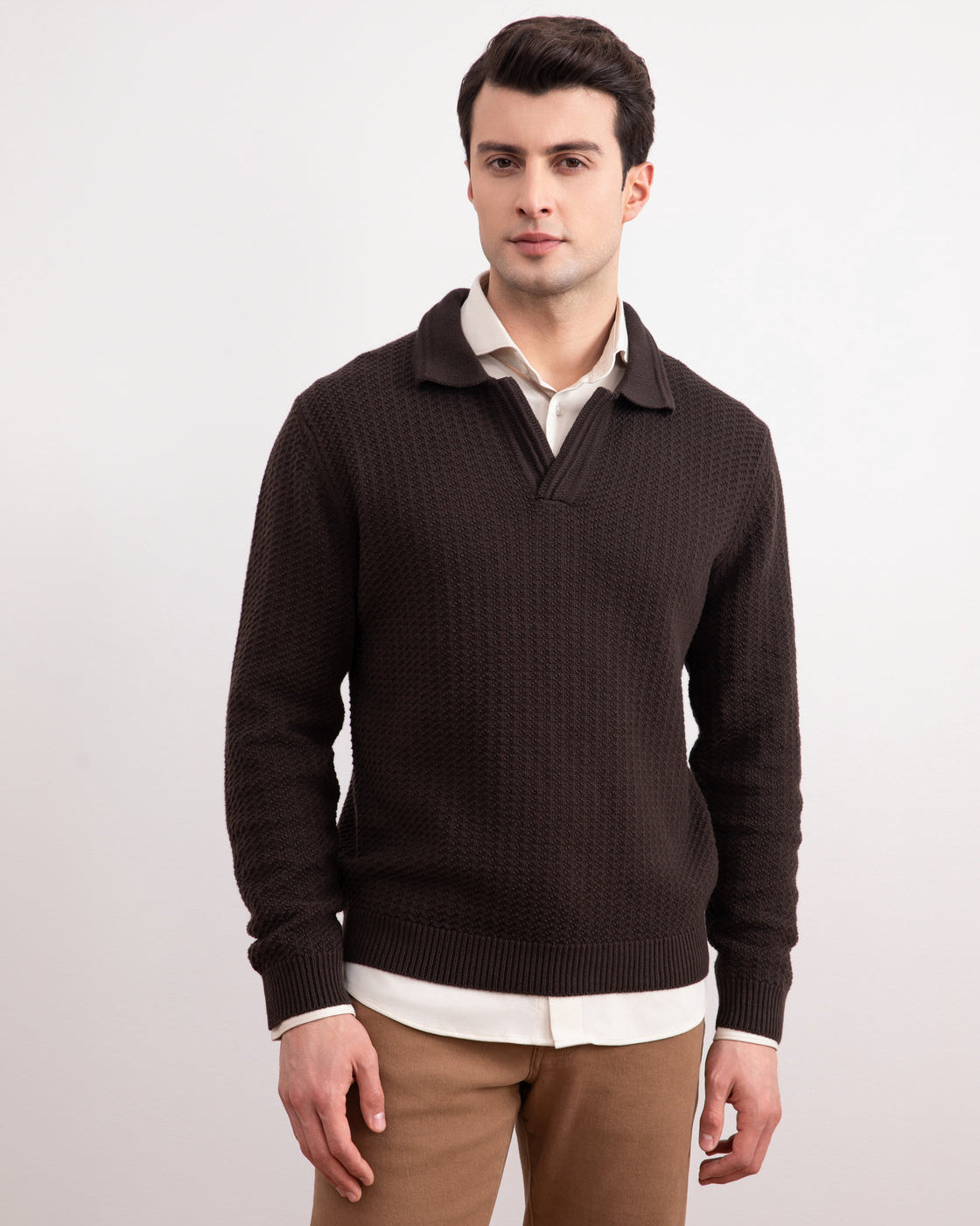 Donkerbruine open polo sweater