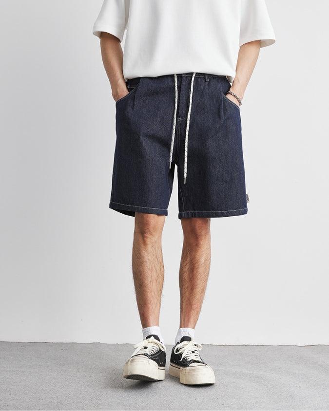 Denim shorts met trekkoorden in donker indigo wassing