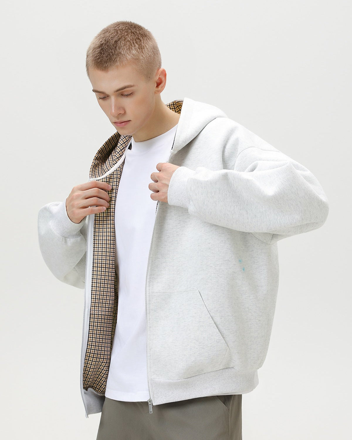 "Get Real" Geruite gevoerde Zip Hoodie Sweater