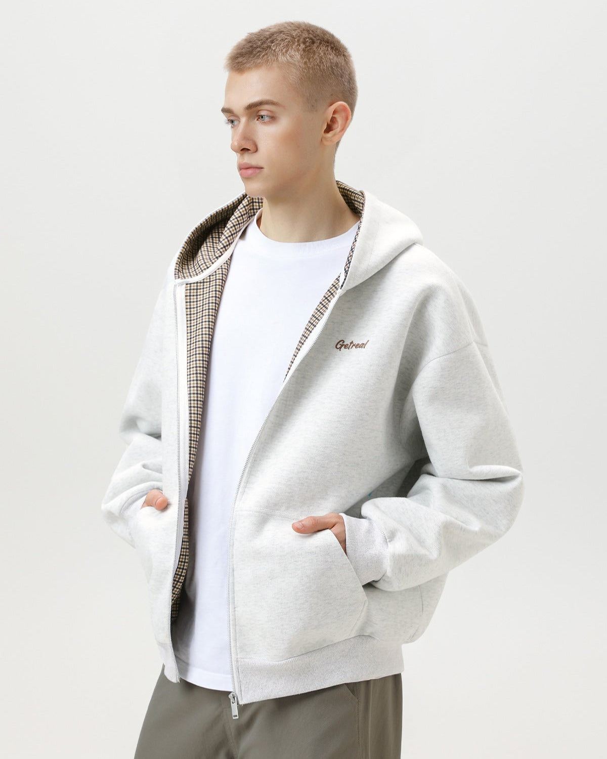 "Get Real" Geruite gevoerde Zip Hoodie Sweater